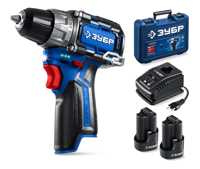 Дрель-шуруповерт,КОМПАКТ #3, 12 В, 45 Н·м, 2 АКБ тип Т7 (2 А·ч) BRUSHLESS, кейс ЗУБР DB-121-22